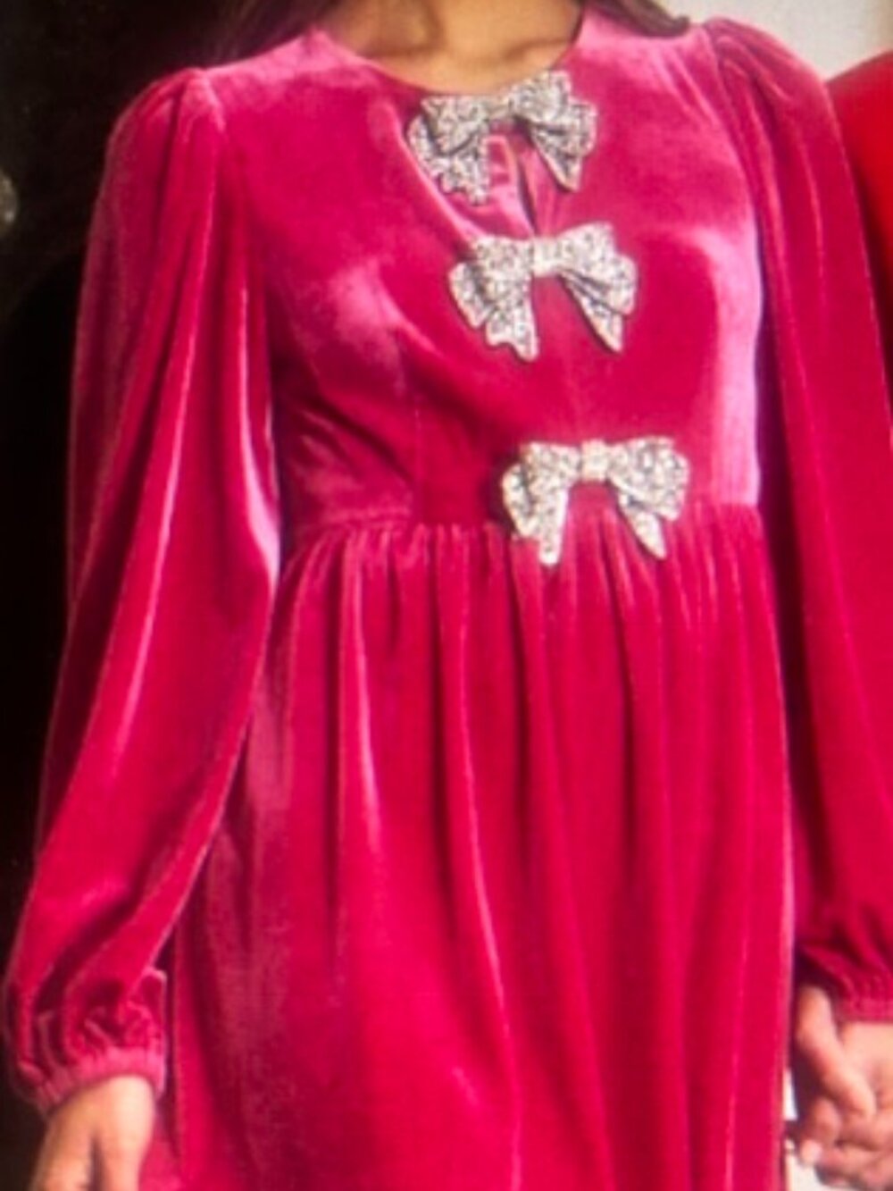 Sugar Lips Hot Pink Velvet Rhinestone Bow Glow Bow Stretch Velvet Lined Dress